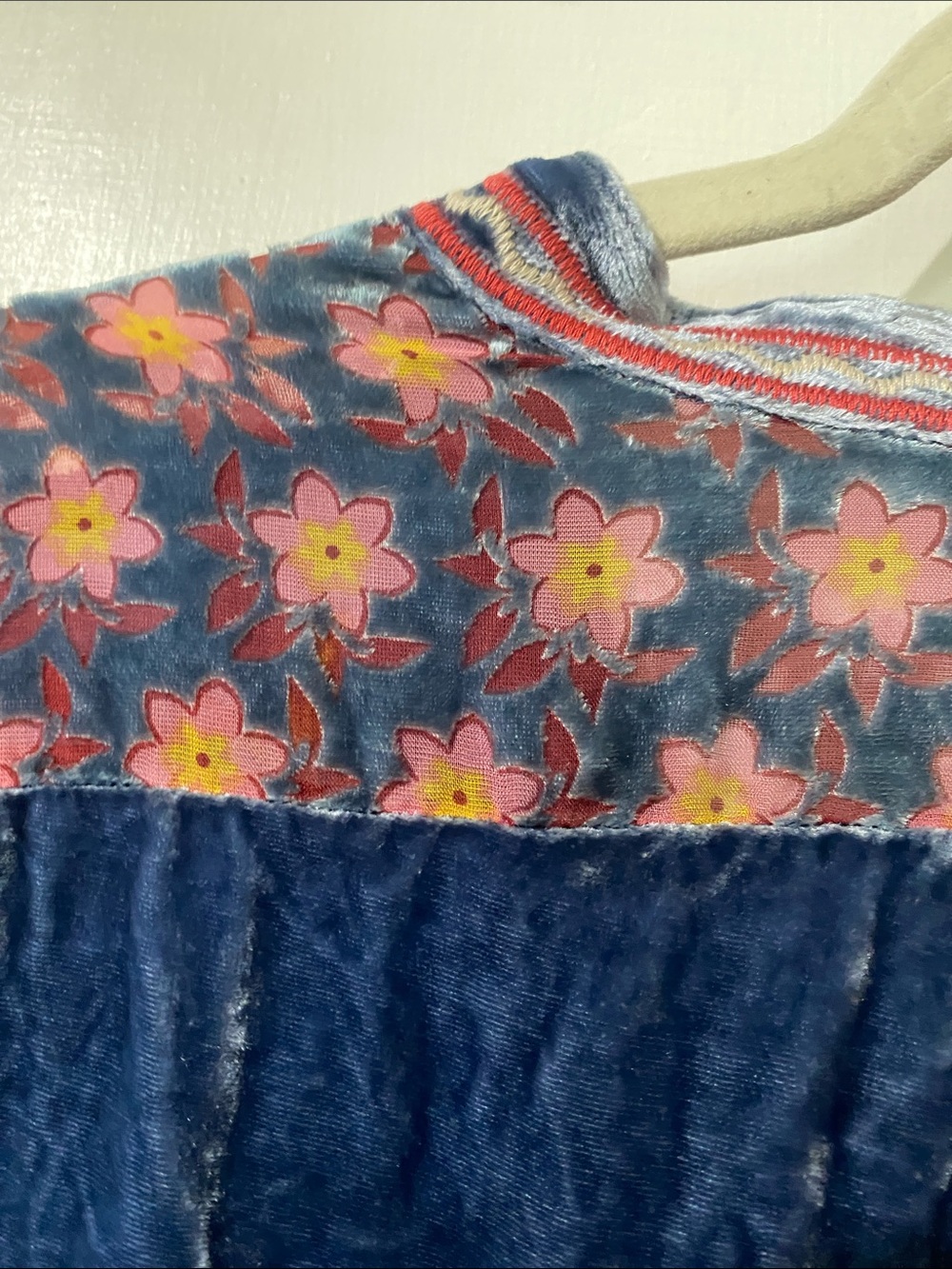 Johnny Was Navy Multicolor Embroidered Velvet-Panel Boho Long Sleeve Dress - Picture 12 of 13